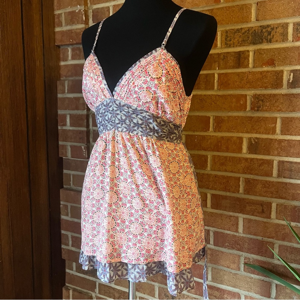 Passport Juniors L Floral Paisley Babydoll Top Pink Purple Boho Cottagecore Y2K